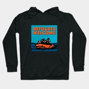 REFUGEES WELCOME - COLOURFUL ILLUSTRATION SHOWING REFUGEES ON A SMALL BOAT Hoodie